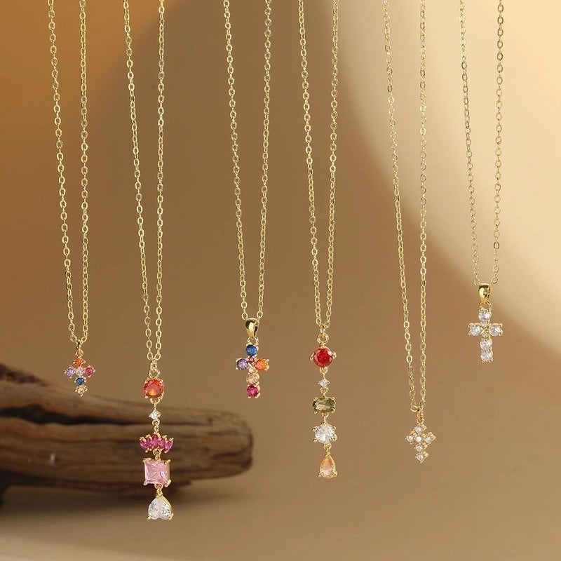 Copper 14K Gold Plated Inlay Cross Zircon Copper Necklaces