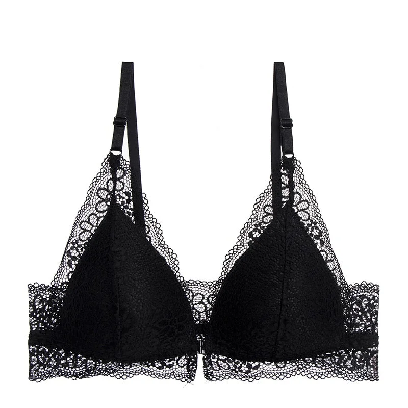 DERUILADY Sexy Backless Seamless Bras For Women Comfort Front Closure Wireless Bralette Top Lace Floral Push Up Bra Lingerie