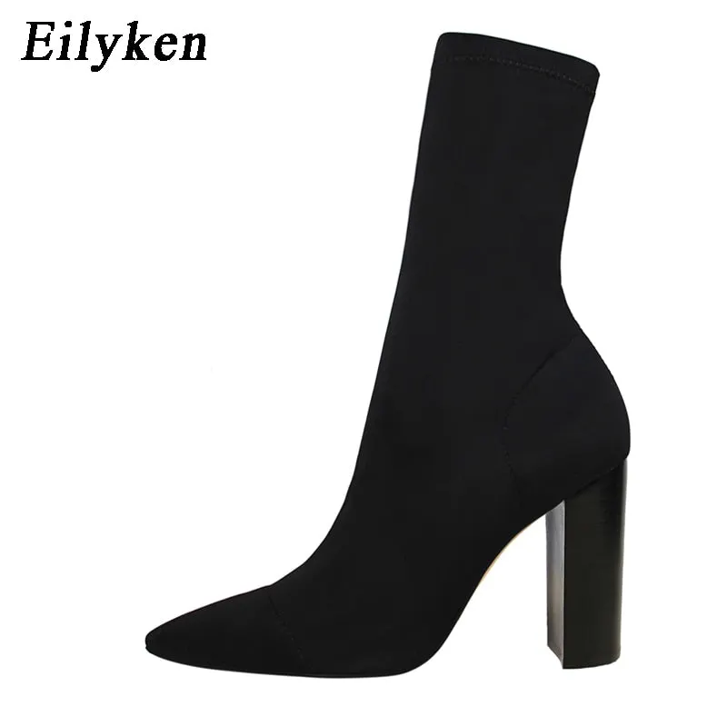 Eilyken Comfort Stretch Women Sock Boots Square High Heel Ankle Boots Fashion Pointed Toe Fall Stretch Shoes Black Big Size 2022