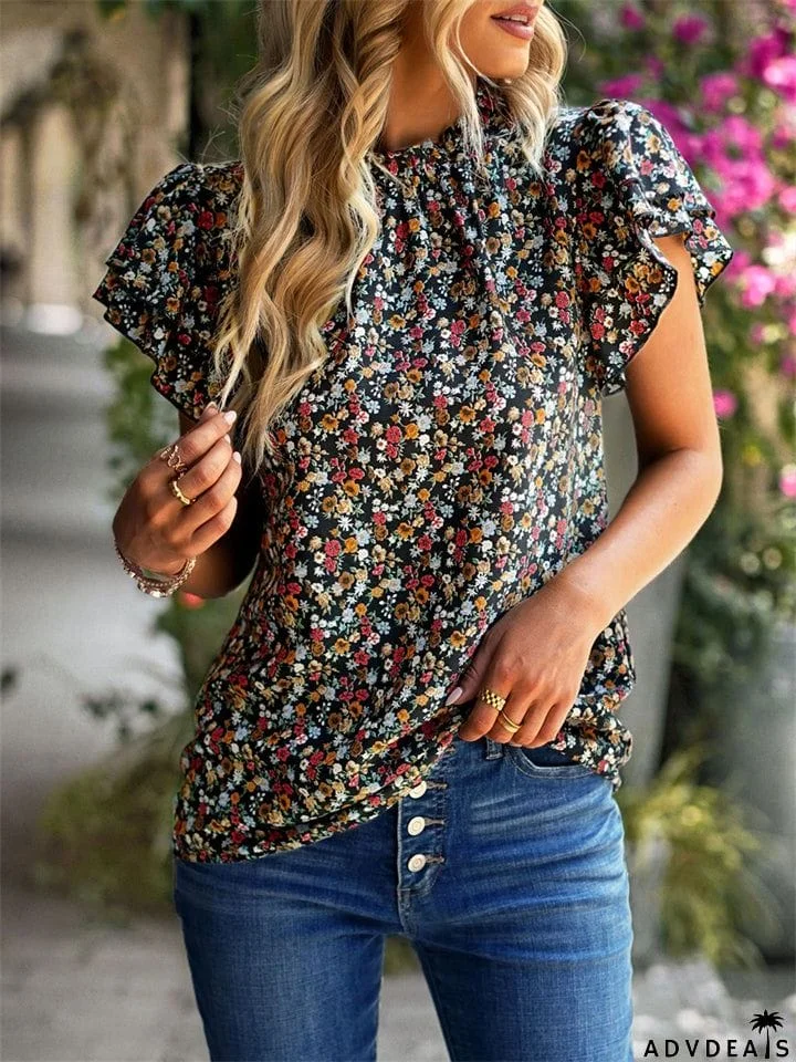 Summer Trendy Female Floral Print Ruffle Sleeve Shirts