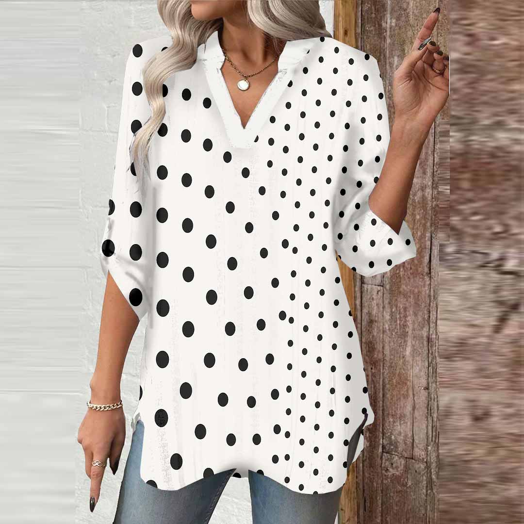 Women Polka Dot, Black DZGA0352 3/4 Sleeve V-neck Printed Graphic Button Tops