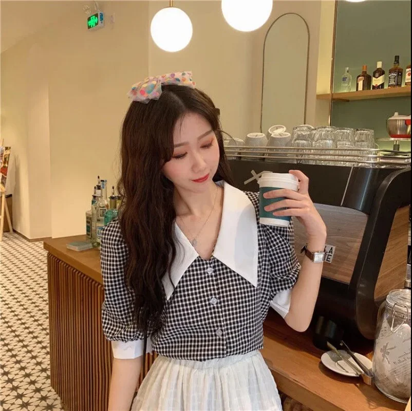 Cottagecore Crop Top Yellow Blouses Summer Kawaii Puff Sleeve Plaid Shirt Women Checkered French Retro Style 2023 Vintage