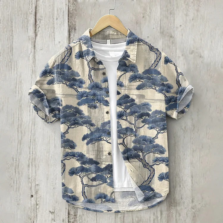 Vintage Japanese Lino Art Pine Trees Pattern Linen Blend Shirt