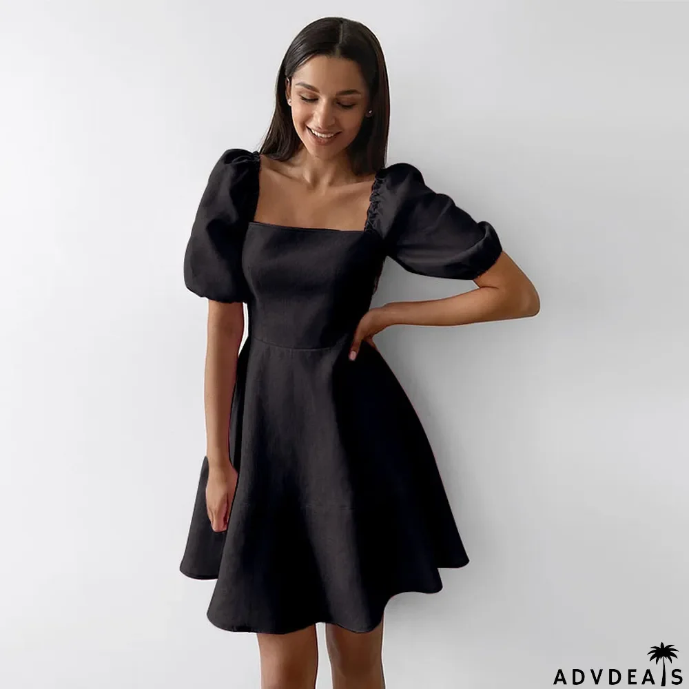 Spring Summer Solid Color Short Sleeve Square Neck Fairy Dress