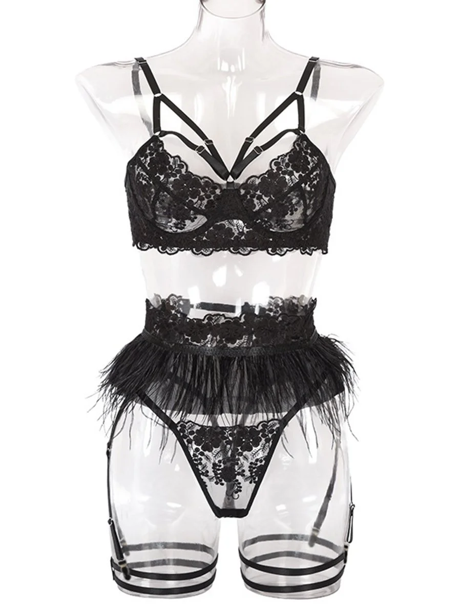 Three-piece lace and feather embroidered underwear