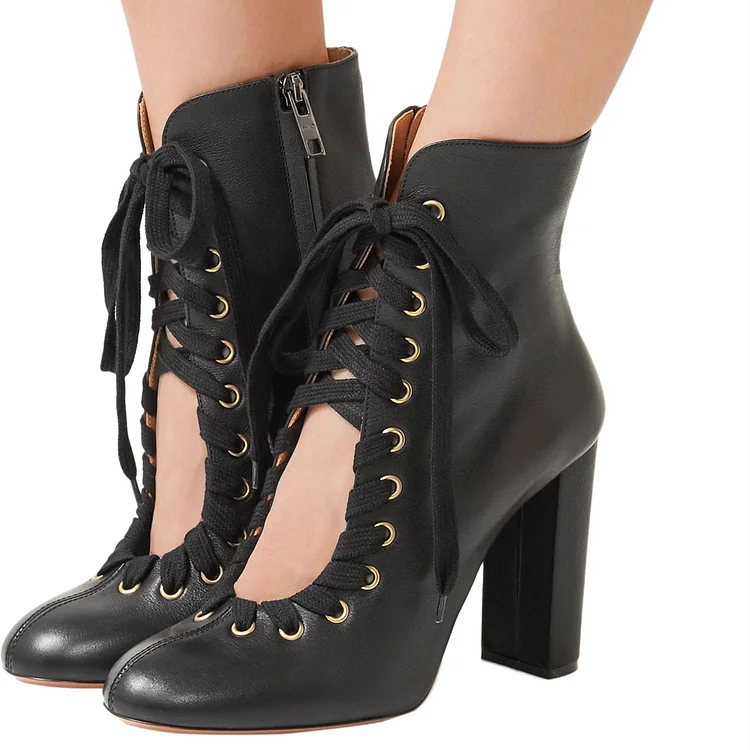 Black Round Toe Chunky Heel Booties Cut Out Lace Up Boots for Women |FSJ Shoes