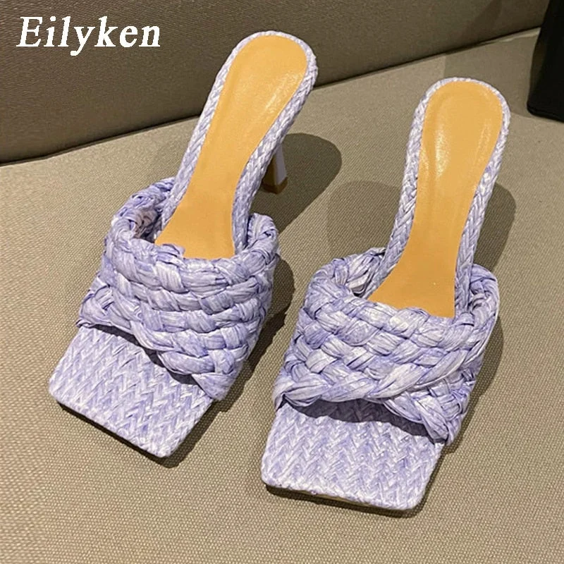 Eilyken 2022 New Summer Design Weave Square Toe Heels High Quality Slippers Gladiator Beach Womens Sandal Slides Shoes