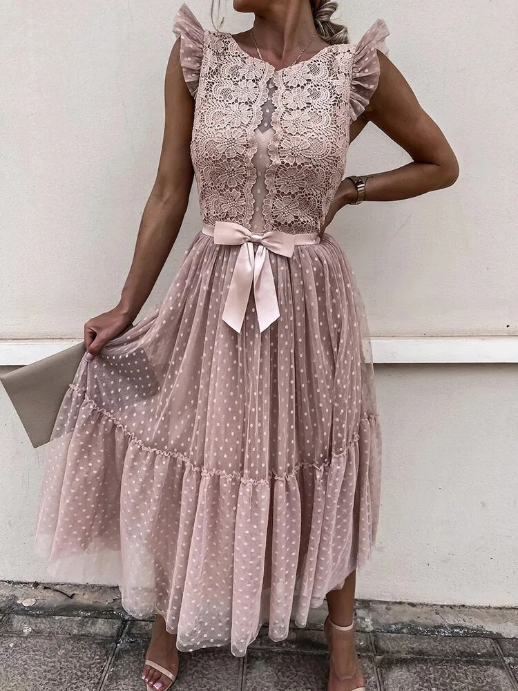Women Elegant Turtleneck Lace Patchwork Party Dress Sexy Sleeveless Ladies Summer Mesh Ruffle Dress Cute Princess Lace-Up Dress