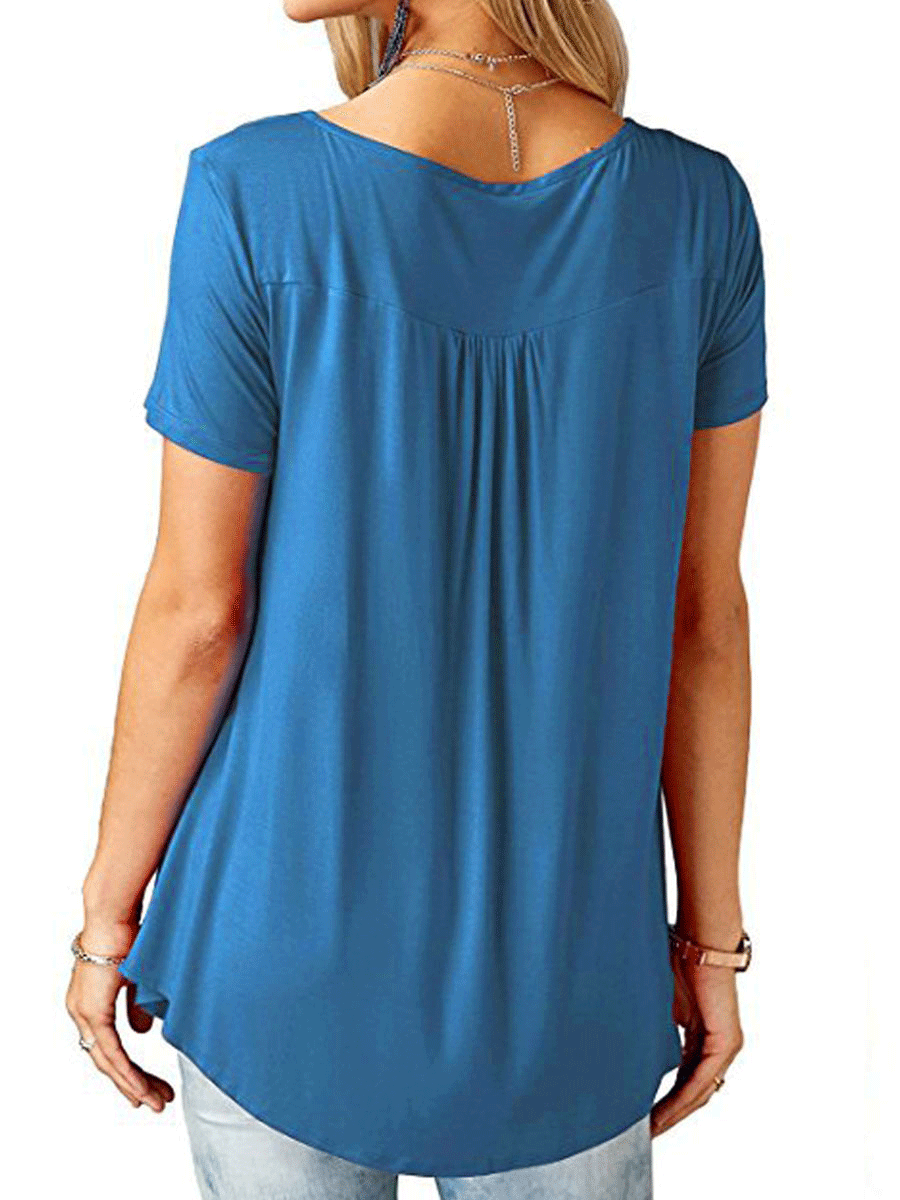 V-Neck  Asymmetric Hem Button Short Sleeve T-Shirts
