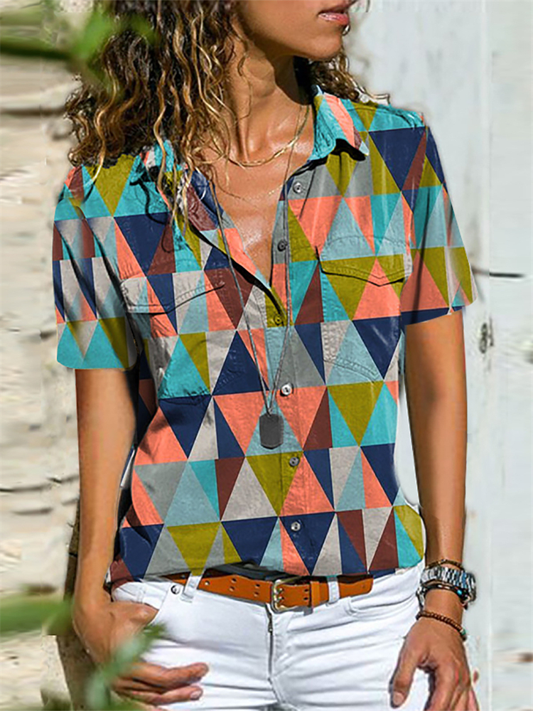 Geometric Art Flap Pocket Short Sleeve Blouse wearshes