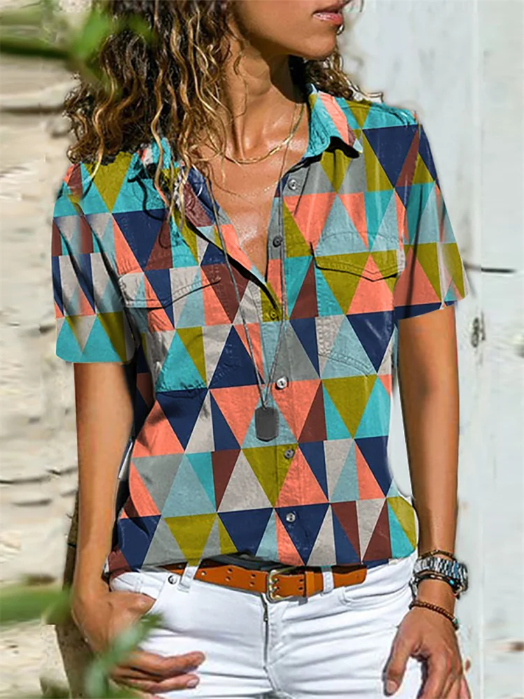 Geometric Art Flap Pocket Short Sleeve Blouse