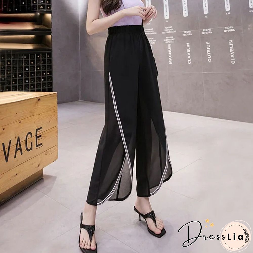 Fashion Chiffon Office Lady Split Wide Leg Pants Summer Women Loose Solid Casual Korean High Waist Elastic Y2k Pants New