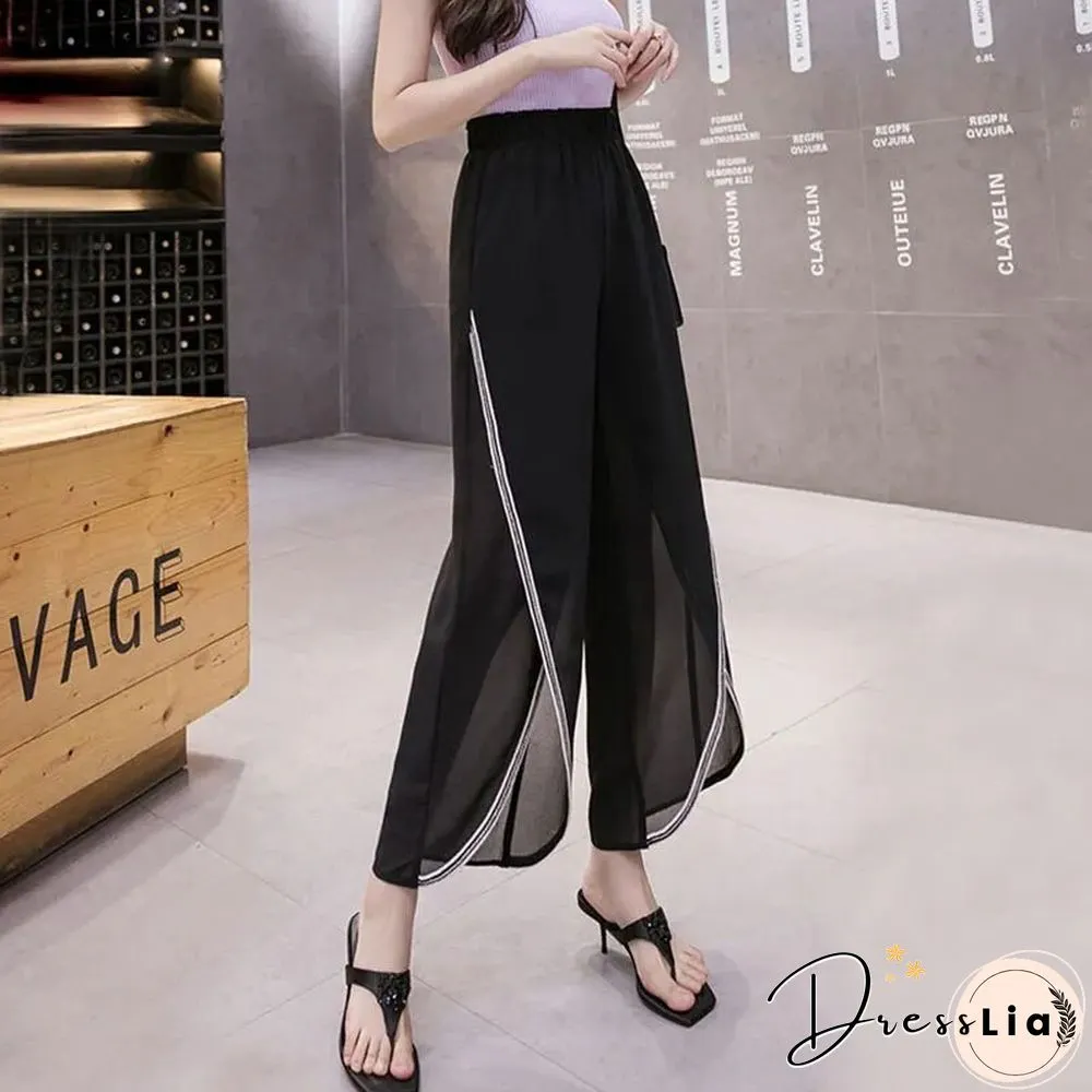 Fashion Chiffon Office Lady Split Wide Leg Pants Summer Women Loose Solid Casual Korean High Waist Elastic Y2k Pants New