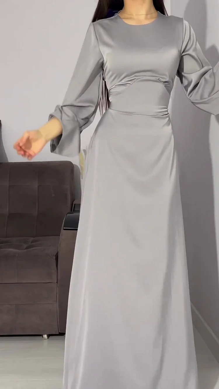 Round Neck Long Sleeve Satin Back Lace Up Maxi Dress