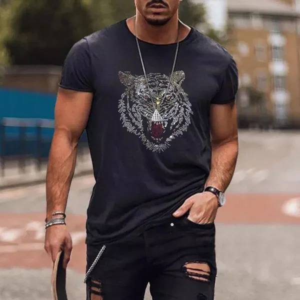 Fashion Lion Rhinestone Men's Round Neck T-Shirt