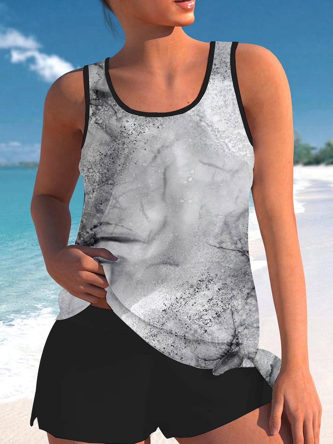Bowknot Gray Graphic Printed Mid Waisted Tankini Set - Plus Size Available