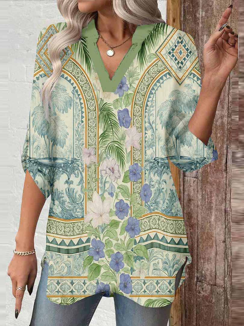 Women Bohemian,Green,Blue DZGA0256 3/4 Sleeve V-neck Printed Graphic Button Tops
