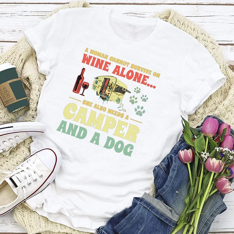 AL™  A Woman Cannot Survive On Wine Alone Funny Camper Dog Lovers T-shirt Tee -02479-Annaletters