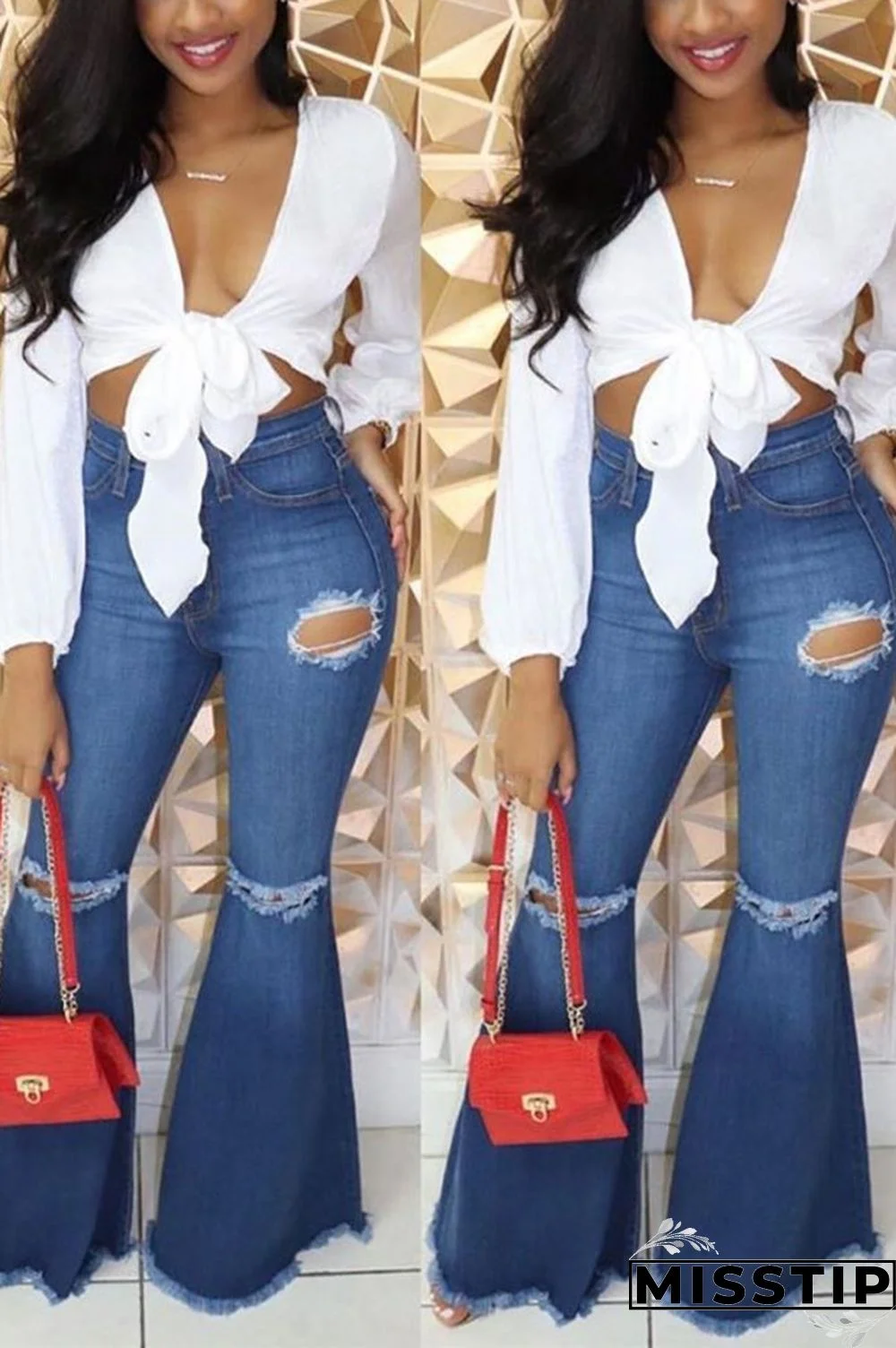 Dark Blue Fashion Joker Broken Hole Flare Jeans