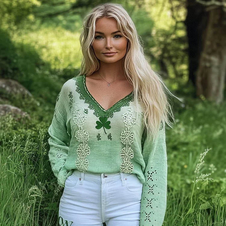 Women's St. Patrick's Shamrock Celtic Knot Blend Linen V-neck Shirt