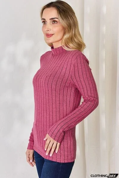 Basic Bae Full Size Ribbed Mock Neck Long Sleeve T-Shirt