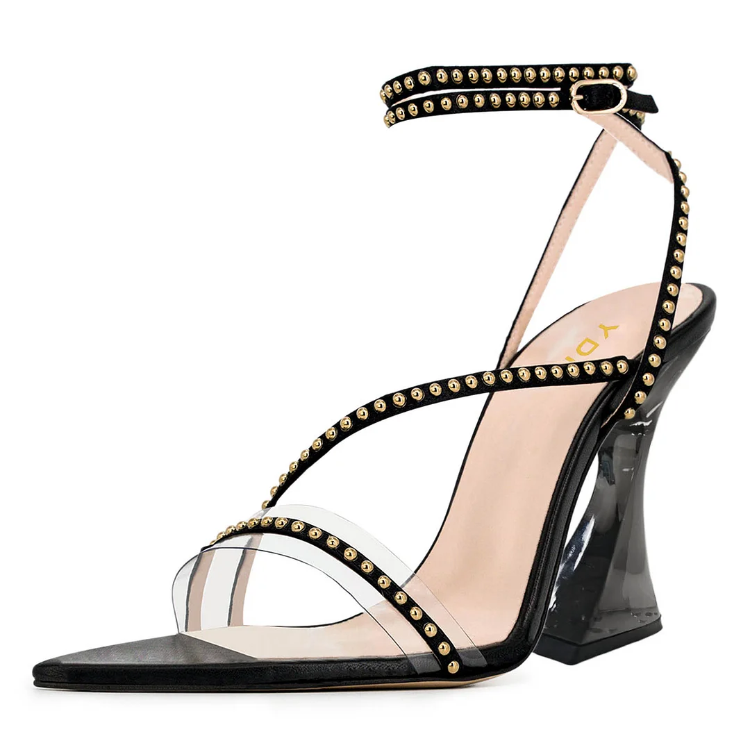 Black Open-Toe Studded Ankle Strap Stylish High Heels Sandals