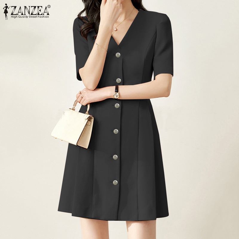 ZANZEA Women Party Robe Pleated Mini Dress Short Sleeve V Neck Vestidos 2024 Summer Elegant Casual A Line Dresses Femme