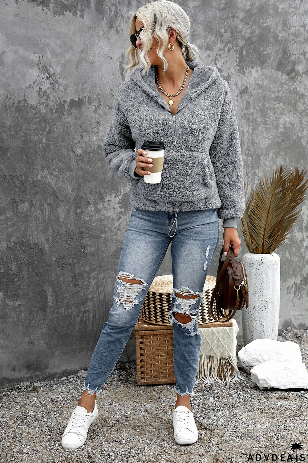 Gray 1/4 Zip Hooded Sherpa Sweatshirt with Kangaroo