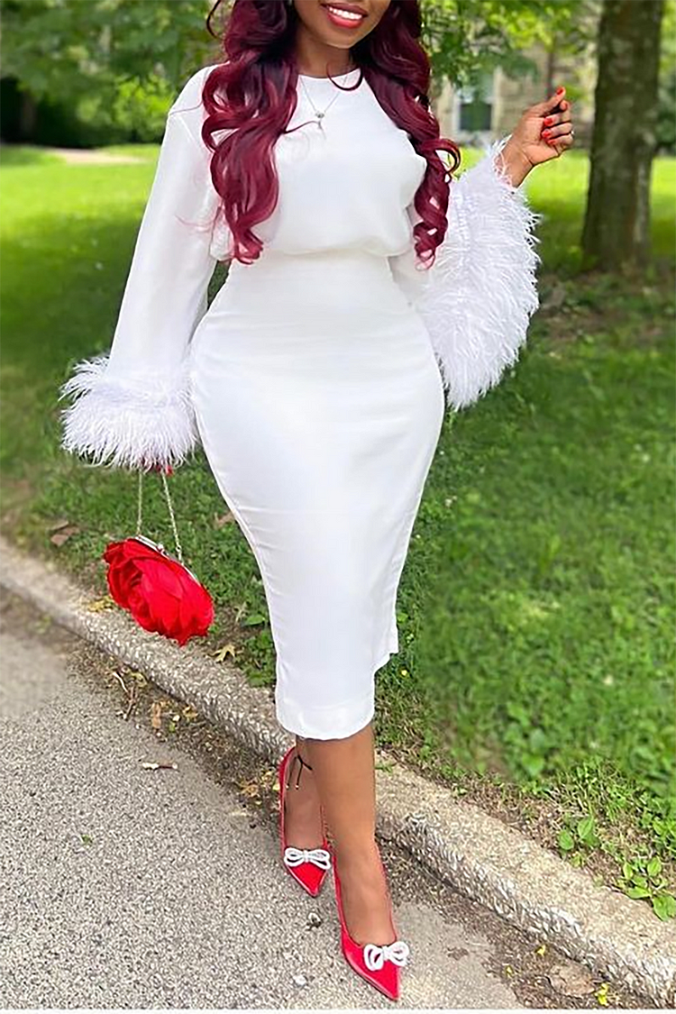 Plus Size Business Casual Dress White Feather Solid Color Flare Sleeve Midi Dress [Pre-Order]