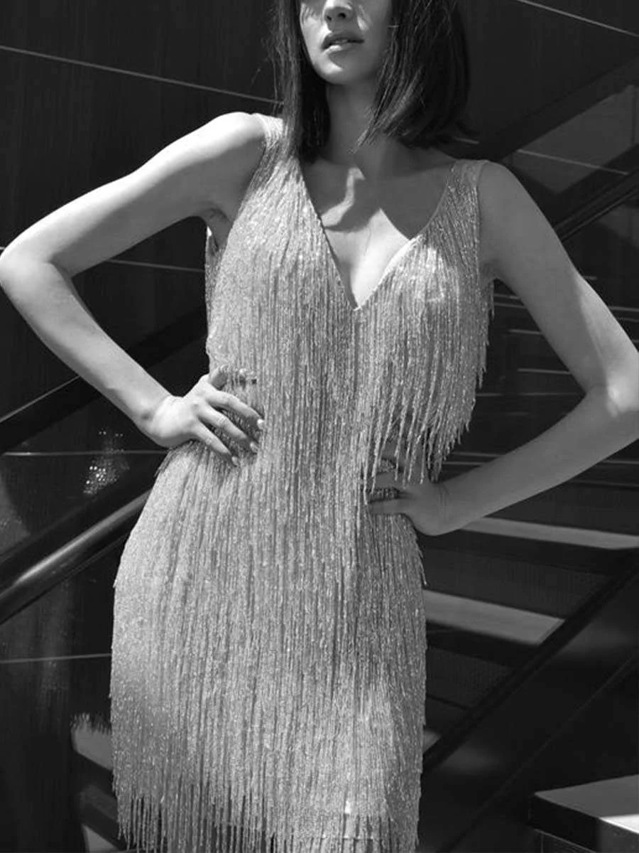 V-neck Party Fringed Gown Tassel Dress