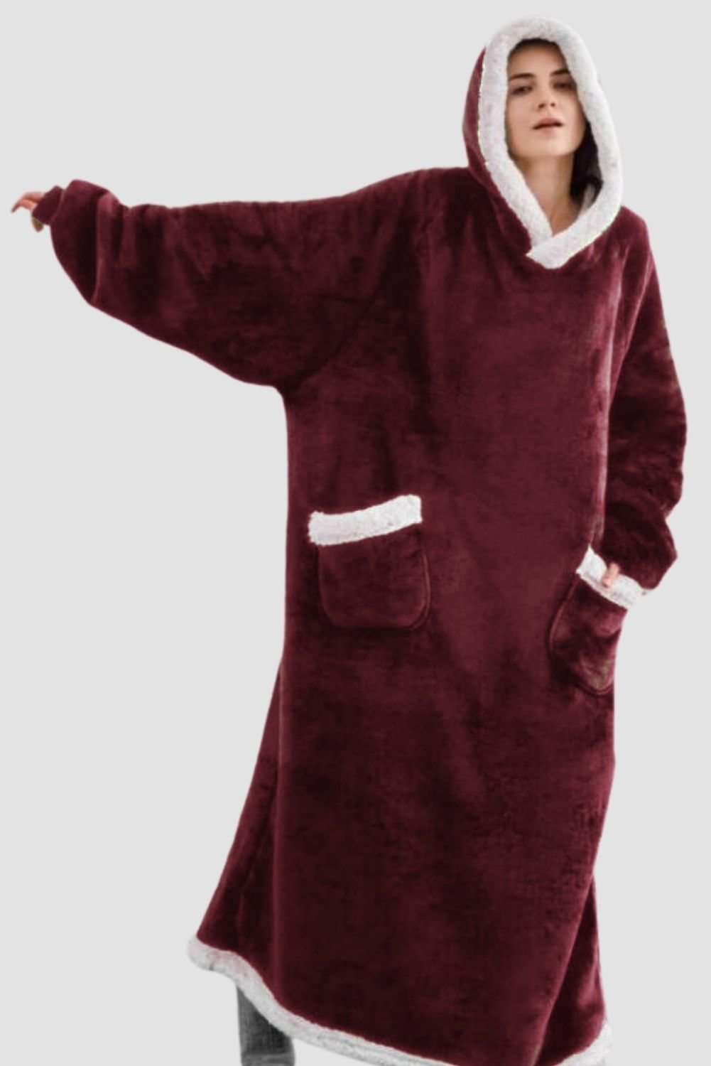 Dark Red Oversized Plush Long Blanket Hoodie