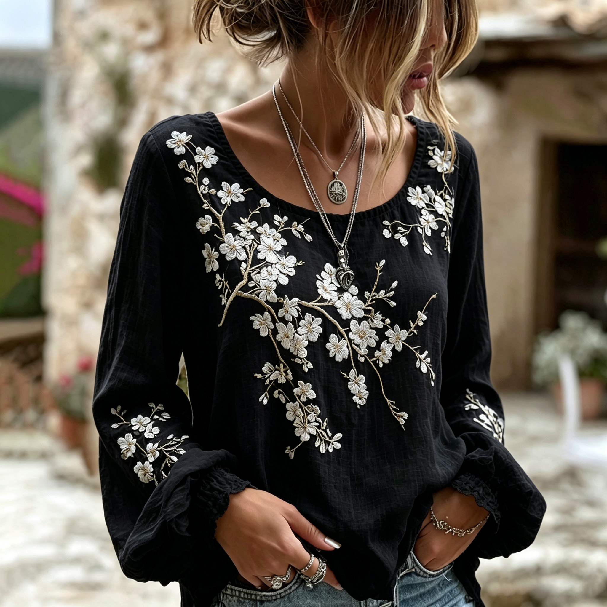 Women's Japanese Sakura Print Crew Neck Linen Blend T-shirt elevenforest