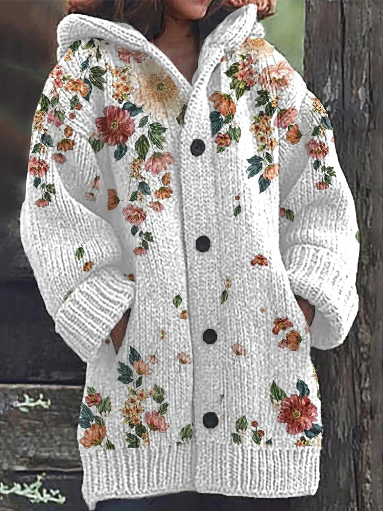 VChics Floral Pattern Cozy Knit Hooded Cardigan