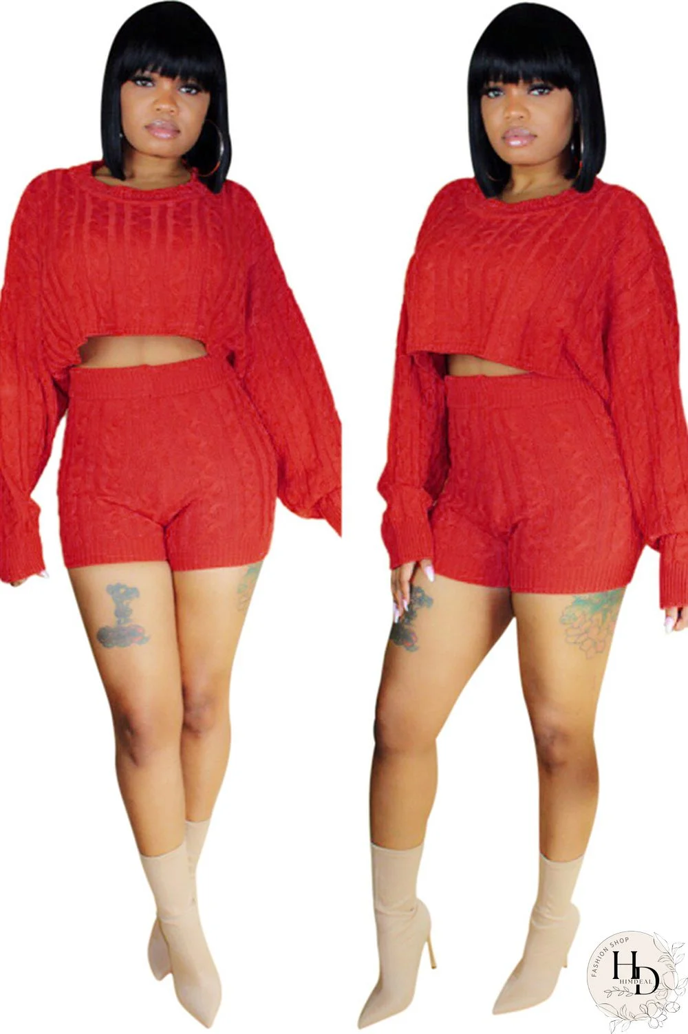 Orange Wool Europe and America Solid Two Piece Suits pencil Long Sleeve Two-Piece Short Set