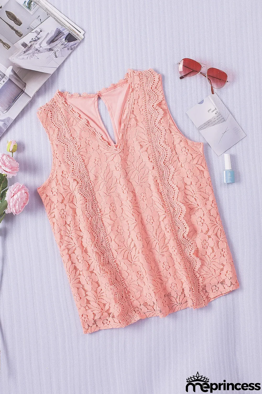 Pink Lace V Neck Tank Top