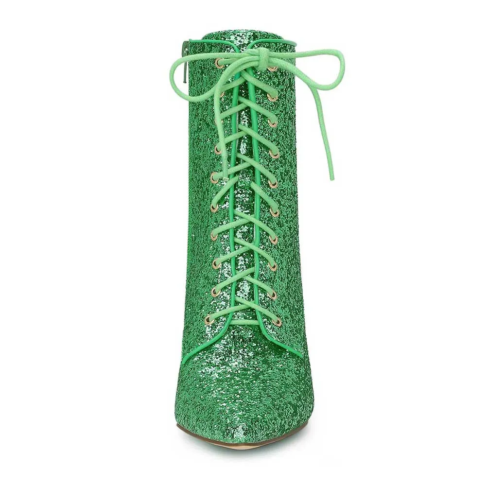 Fashion Green Glitter Pointed Toe Lace Up Zipper Heeled Booties