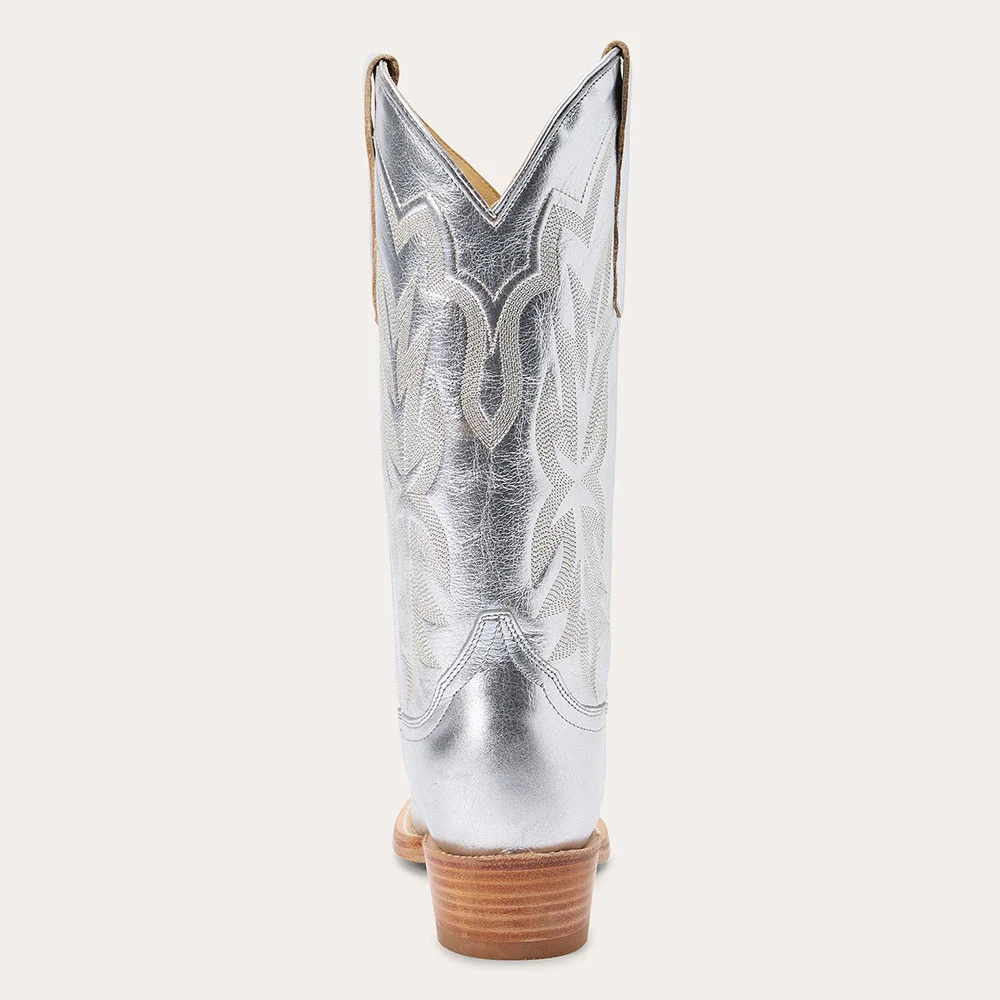 Silver Embroidered Snip Toe Stacked Heel Cowboy Boots for Women