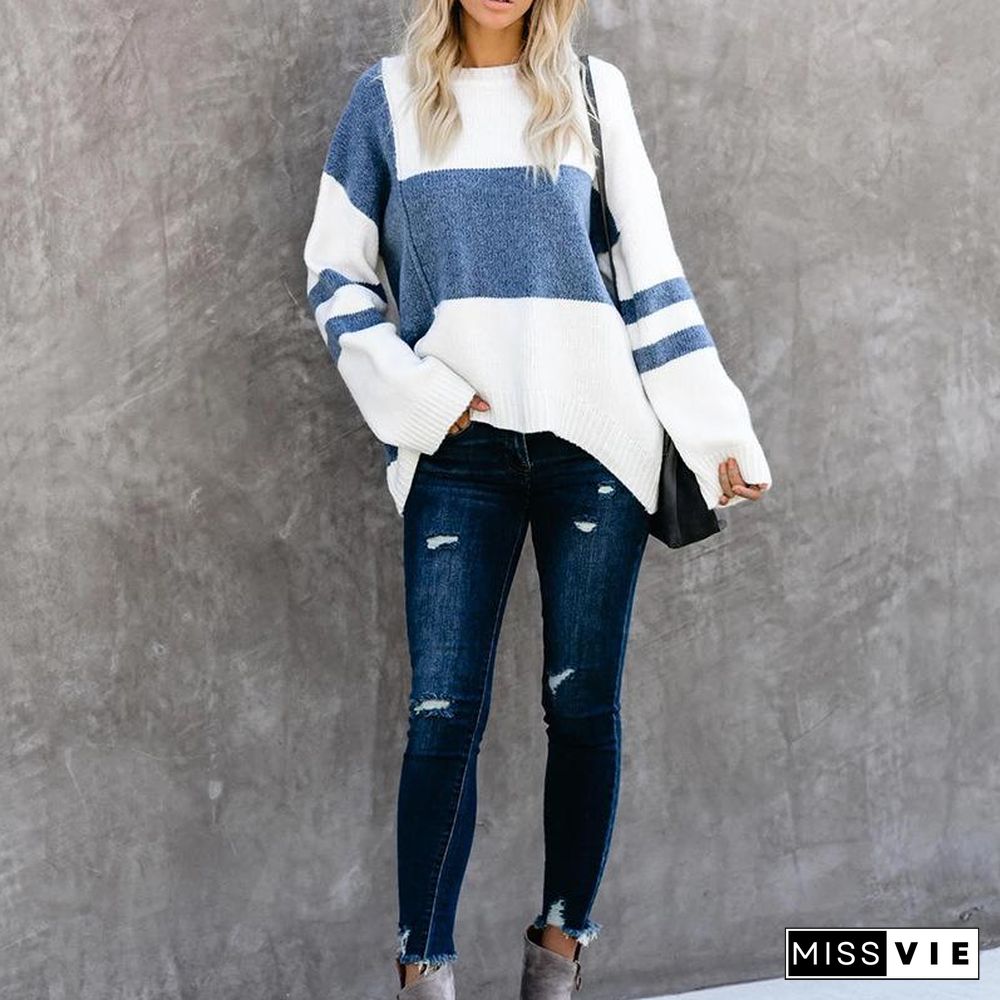 Women's Sweater Stitching Knitted Pullover  Autumn and Winter Women's Dress