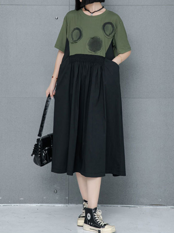 Loose Pocket Color Matching A-Line Midi Dress