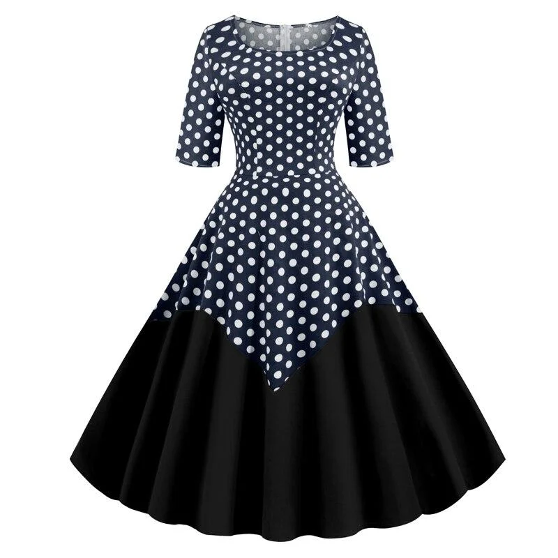 Vintage Dress Half Sleeve A Line Polka Dot Pinup Women O-Neck Casual Swing Dresses