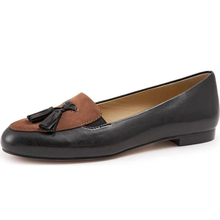 Black and Brown Round Toe Loafers for Women Fringe Comfortable Flats |FSJ Shoes