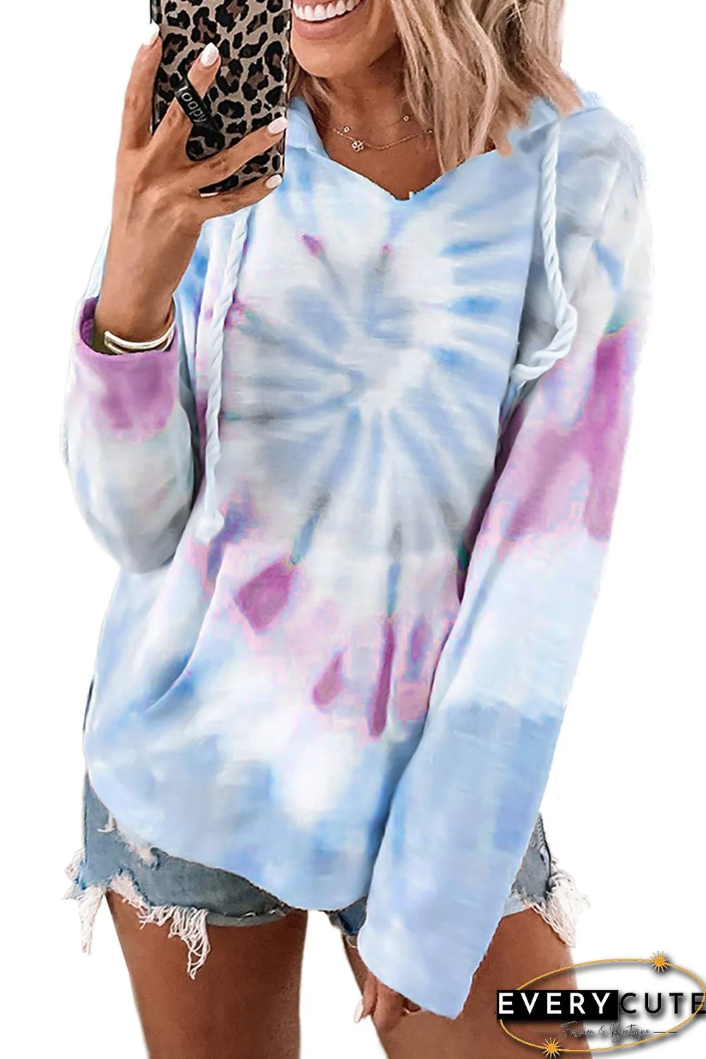 Sky Blue Long Sleeve Tie-dye Print Drawstring Hoodie