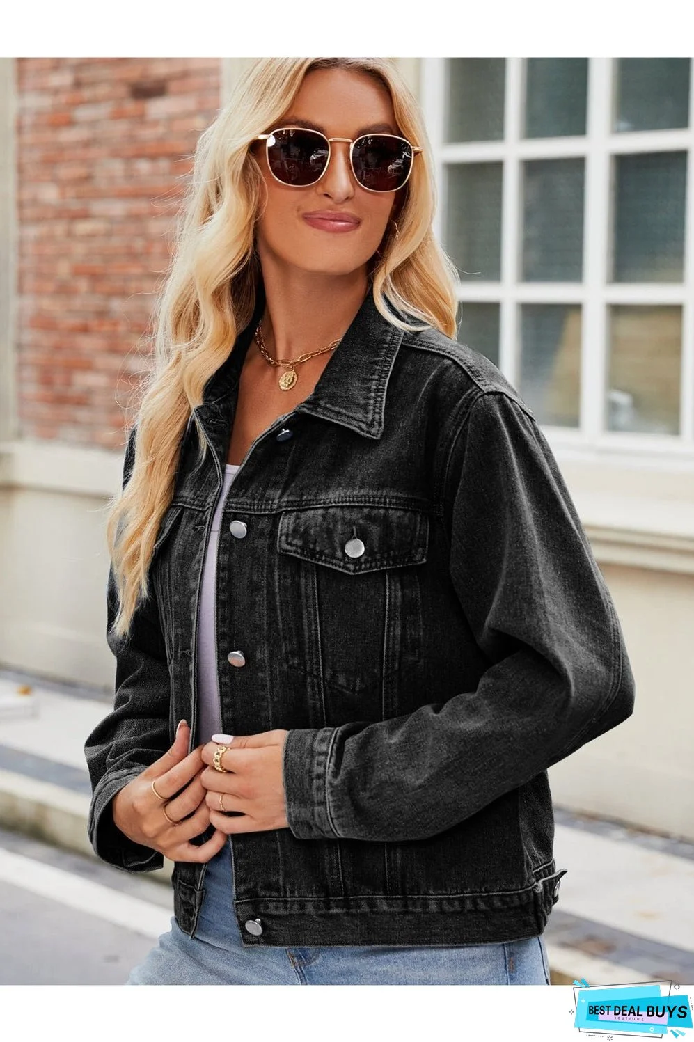 Pocketed Collared Neck Denim Jacket