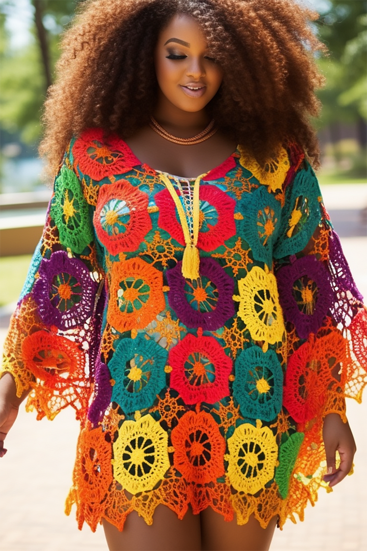 Xpluswear Design Plus Size Beach Cover Ups Casual Multicolor Colorblock Spring Summer Long Sleeve Crochet Cover Ups [Pre-Order]