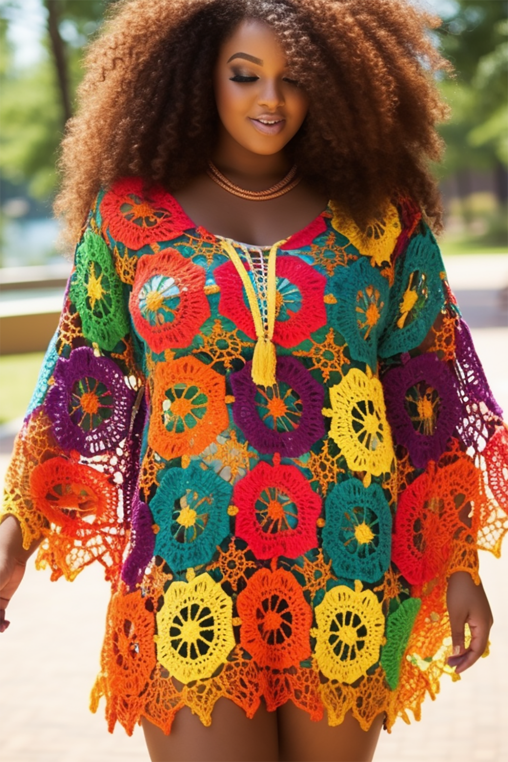 Design Plus Size Beach Cover Ups Casual Multicolor Colorblock Spring Summer Long Sleeve Crochet Cover Ups [Pre-Order]