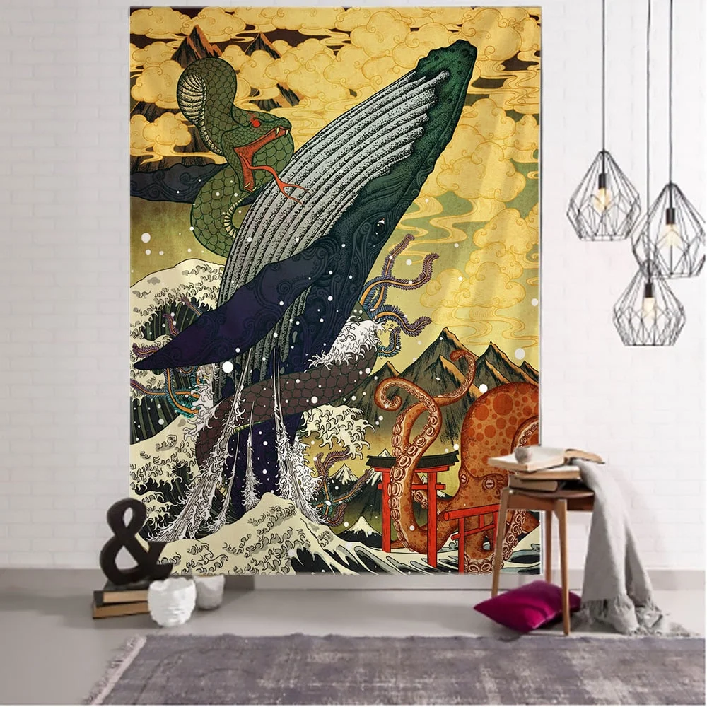 Print Blanket Kanagawa Wave Tapestry Wall Hanging Bohemian Bed Hippie Japanese Illustration Kawaii Bedroom Home Decor