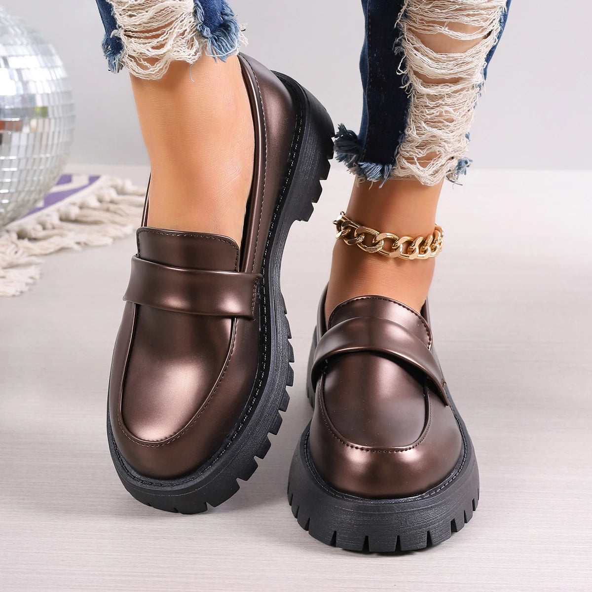 Women Platform Vintage Shoes Black Oxford Shoes Autumn Vintage Bronze PU Leather Loafers Women Fashion Female Thick Sole Shoes Aiertu