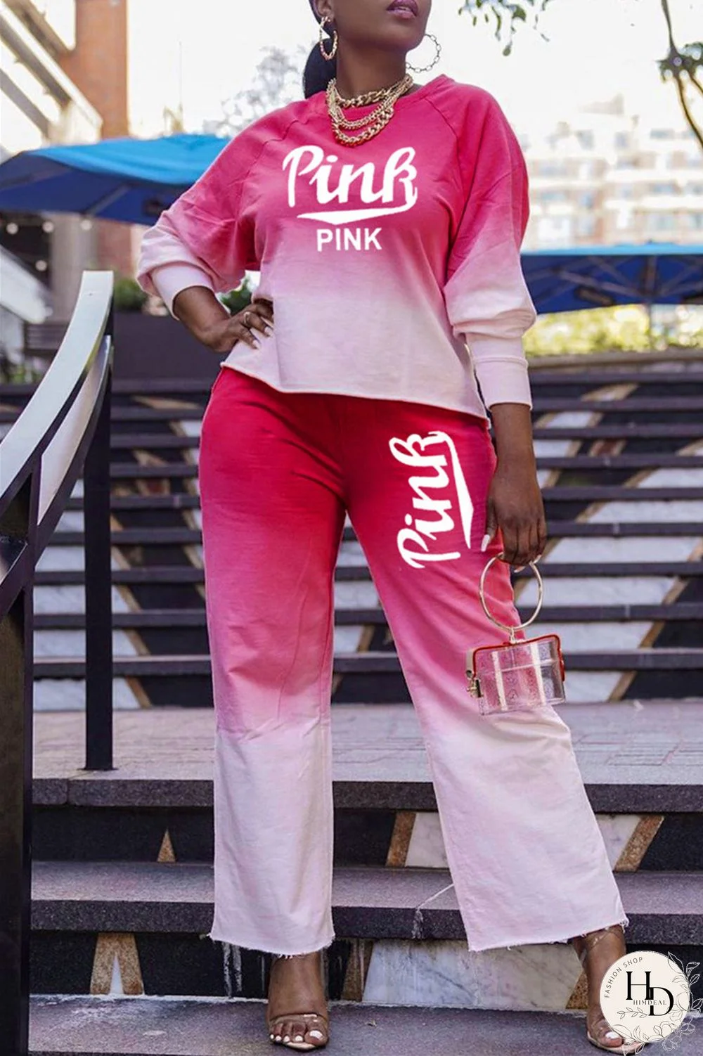Red Fashion Casual Gradual Change Letter Print Basic O Neck Long Sleeve Two Pieces