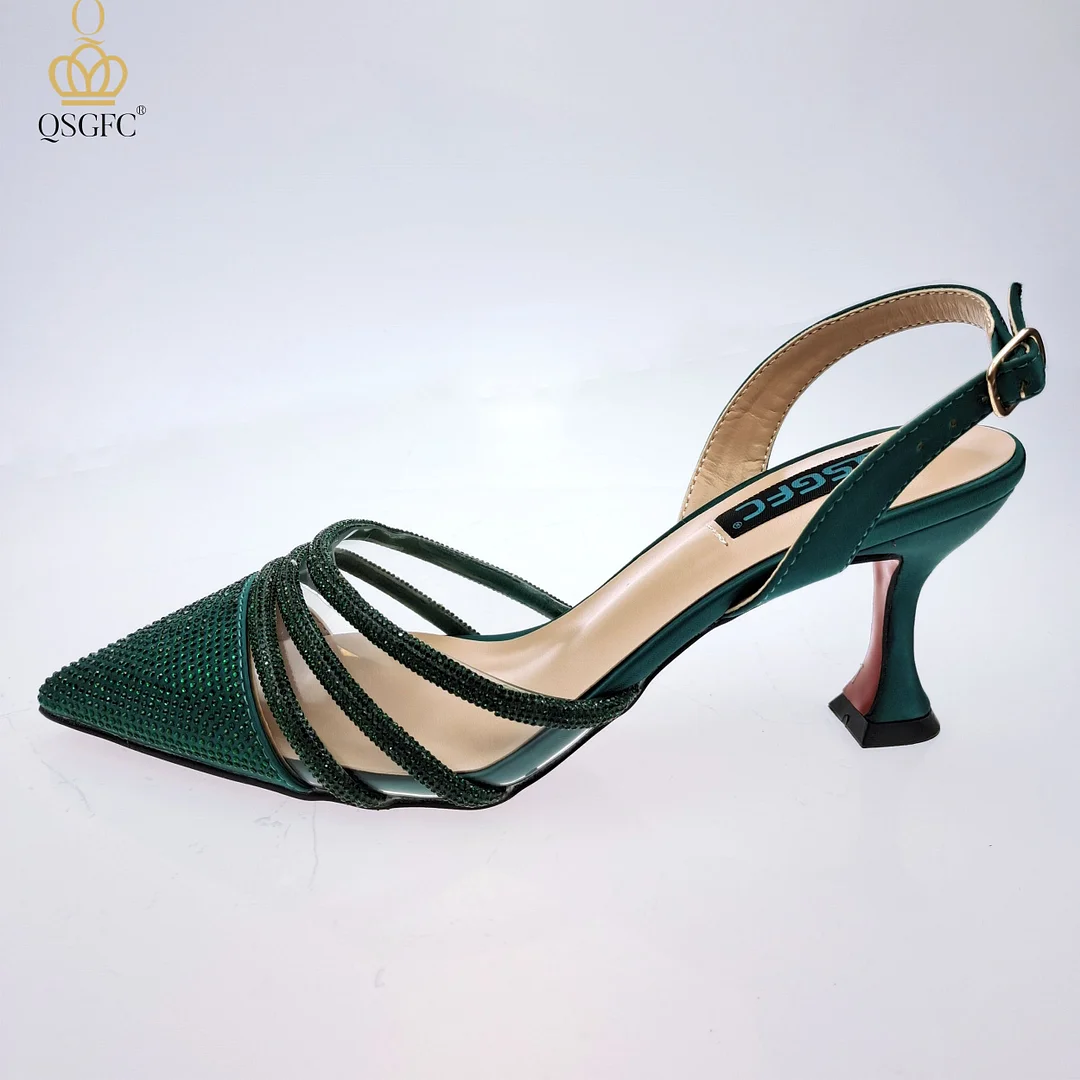 QSGFC2022 Fashion Shiny Full Diamond Decoration In Nigeria Elegant Orange Color Ladies Shoes and Bag For Party Wedding