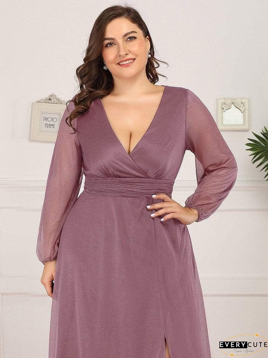 Shiny Puff Sleeve V-Neck Evening Gown for Curvy Women